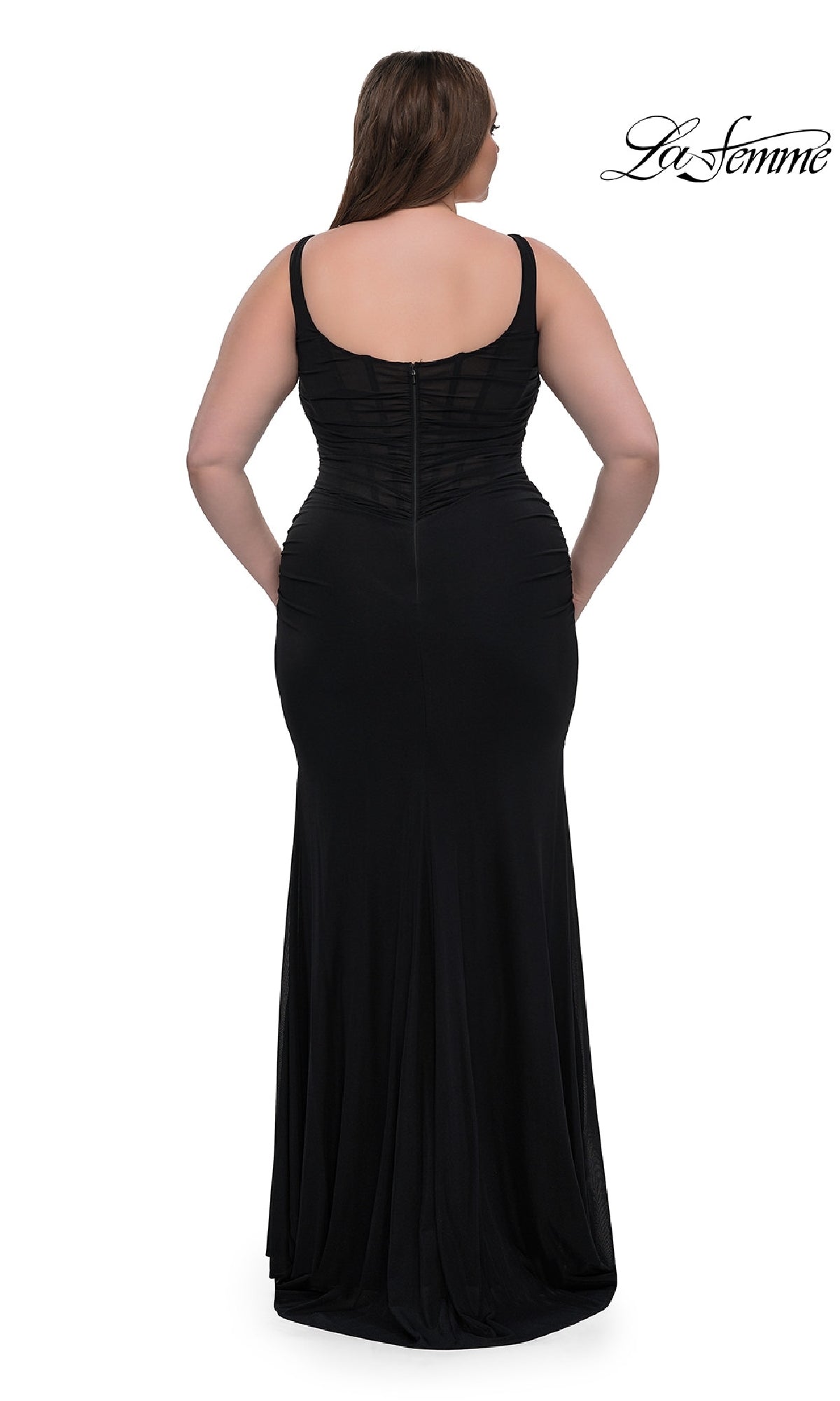 A woman is shown from the back wearing the Plus-Size Simple Long Prom Dress: La Femme 33005 against a white background, with the La Femme logo in the top right corner.